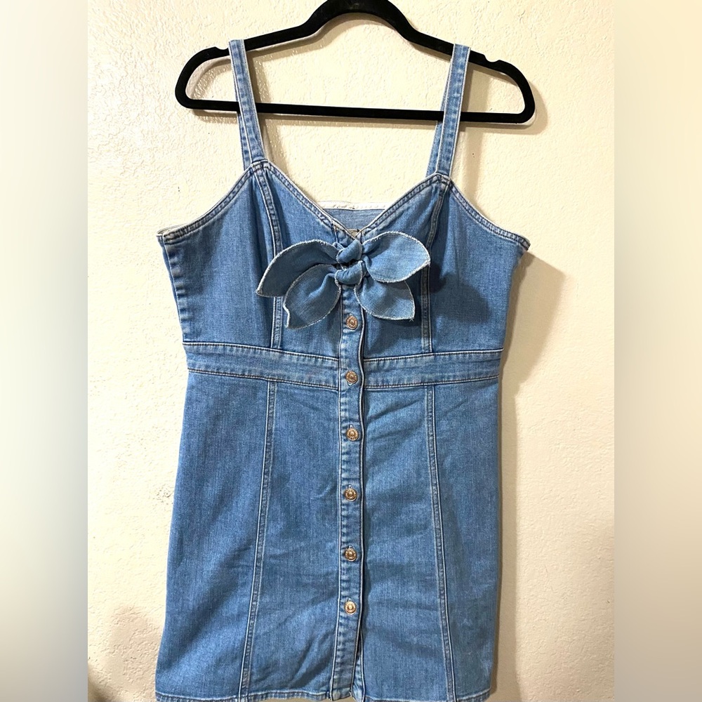 7 For All Mankind Blue Mini Denim Dress with Bow Detail - Picture 9 of 13